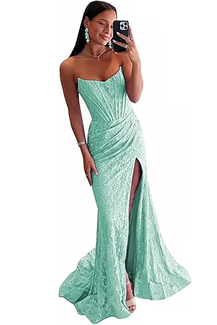 Gorgeous Mermaid Strapless Sweep Train Lace Prom Dress With Slit