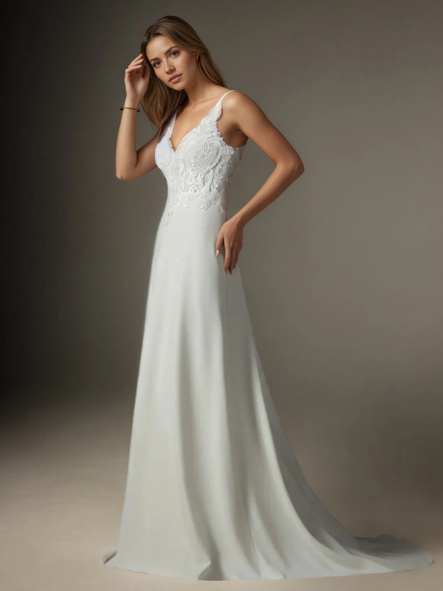 White A-Line V-Neck Sequins Stretch Crepe Stretch crepe Lace Wedding Dress
