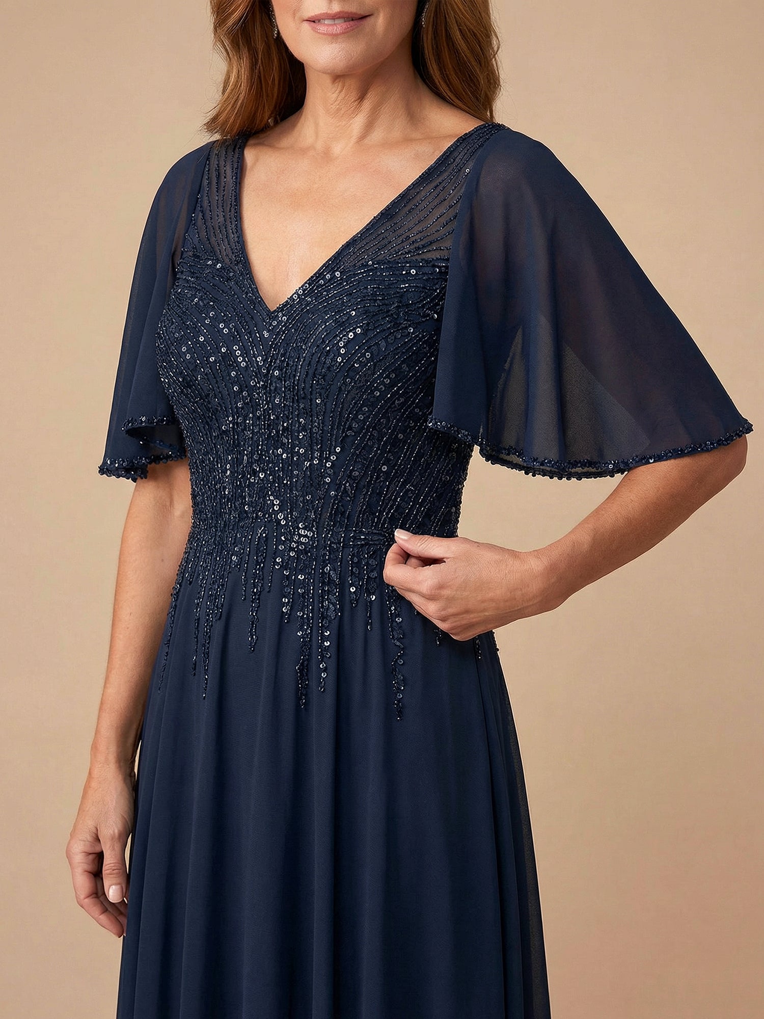 Flare Sleeves Sparky Sequins A Line Chiffon Mother of the Brides Dresses