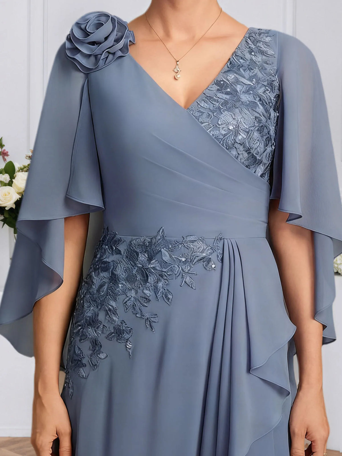 A-line V-Neck Floor-Length Lace Chiffon Mother of the Bride Dress With 3D Floral Sequins Cascading Ruffles - View 7 | FashionDia