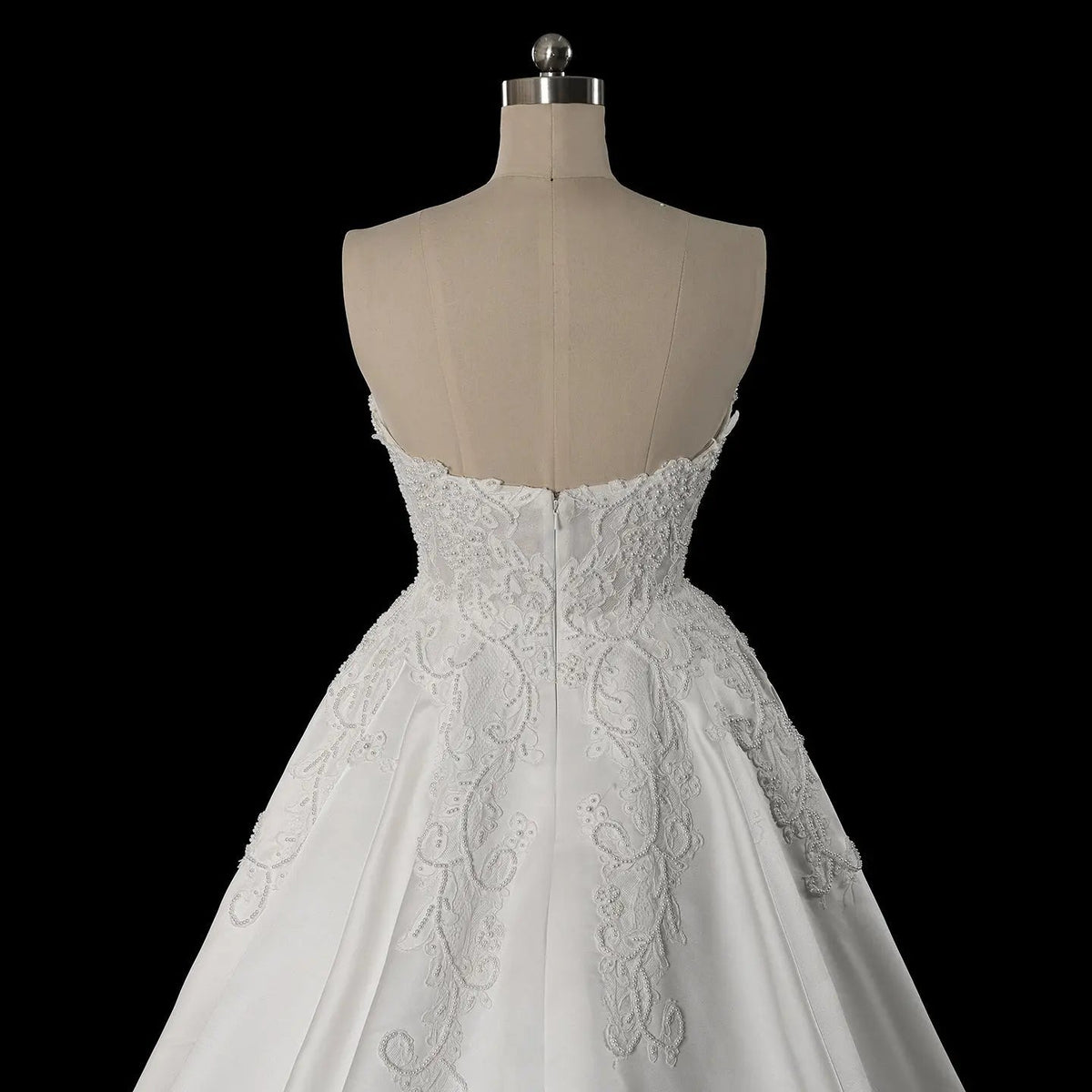 White Satin Strapless Wedding Dress Lace Appliques Sweetheart Neckline Ball Gown ZP010 - View 8 | VelvetHem