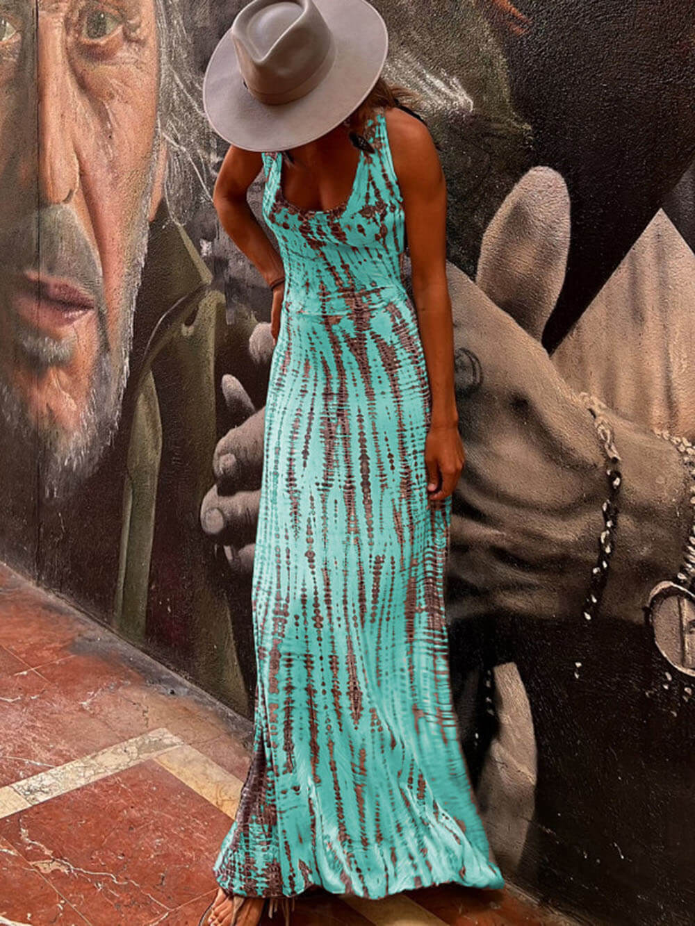 Tie - dye Print Back Lace - up Stretch Maxi Dress