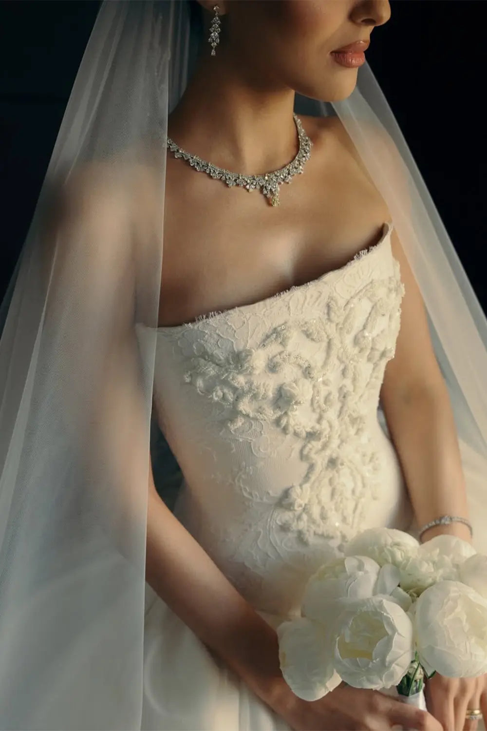 White Satin Tulle Ball Gown Bridal Dress with Embroidered Lace Bodice ZP207