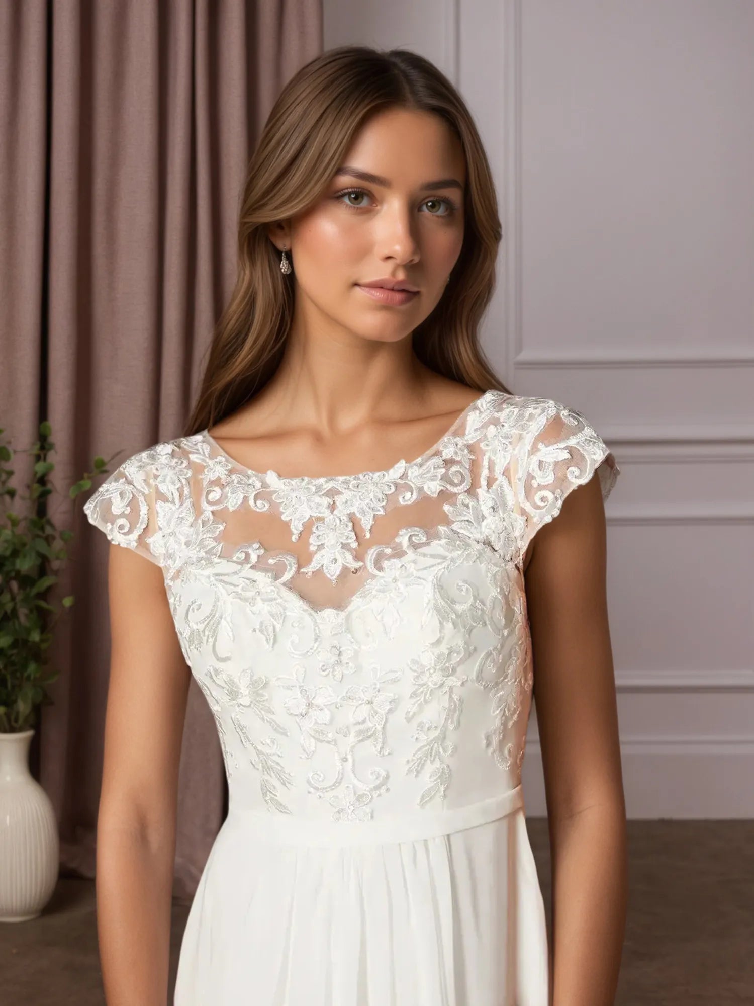 White A-Line Scoop Sequins Chiffon Wedding Dress