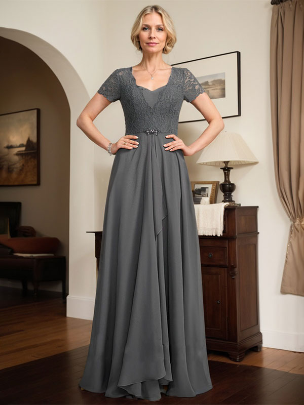 A-line Sweetheart Floor-Length Chiffon Lace Mother of the Bride Dress With Beading Cascading Ruffles - View 4 | FashionDia