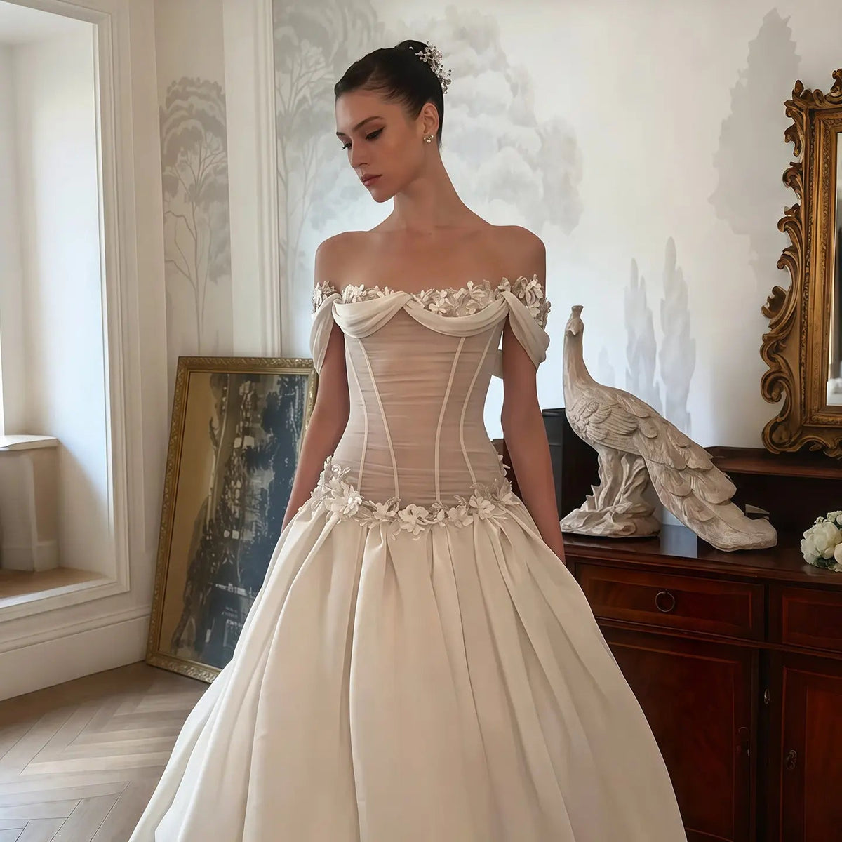Elegant Ivory Off-the-Shoulder Floral Lace Ball Gown Wedding Dress ZP075 - VelvetHem