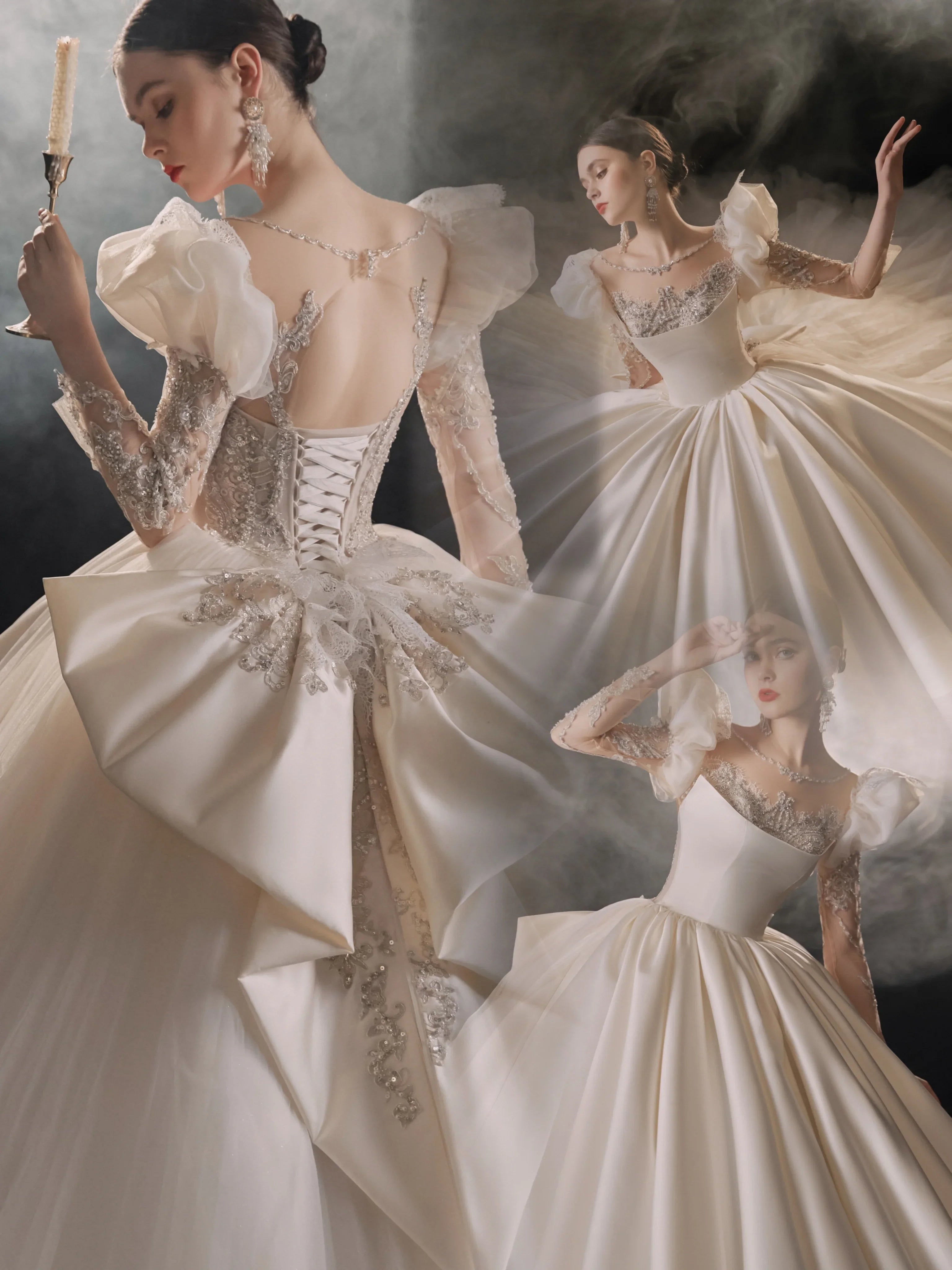 Regal Ball Gown Illusion Neckline Tulle Puff Sleeve Beaded Lace Wedding Dress with Oversized Bow Train E-304 (ZD16888)