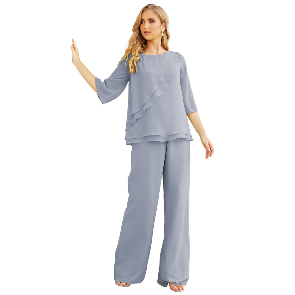 Sunnderly Chiffon Mother of The Bride Dress Plus Size Pant Suits Ruffle Layers