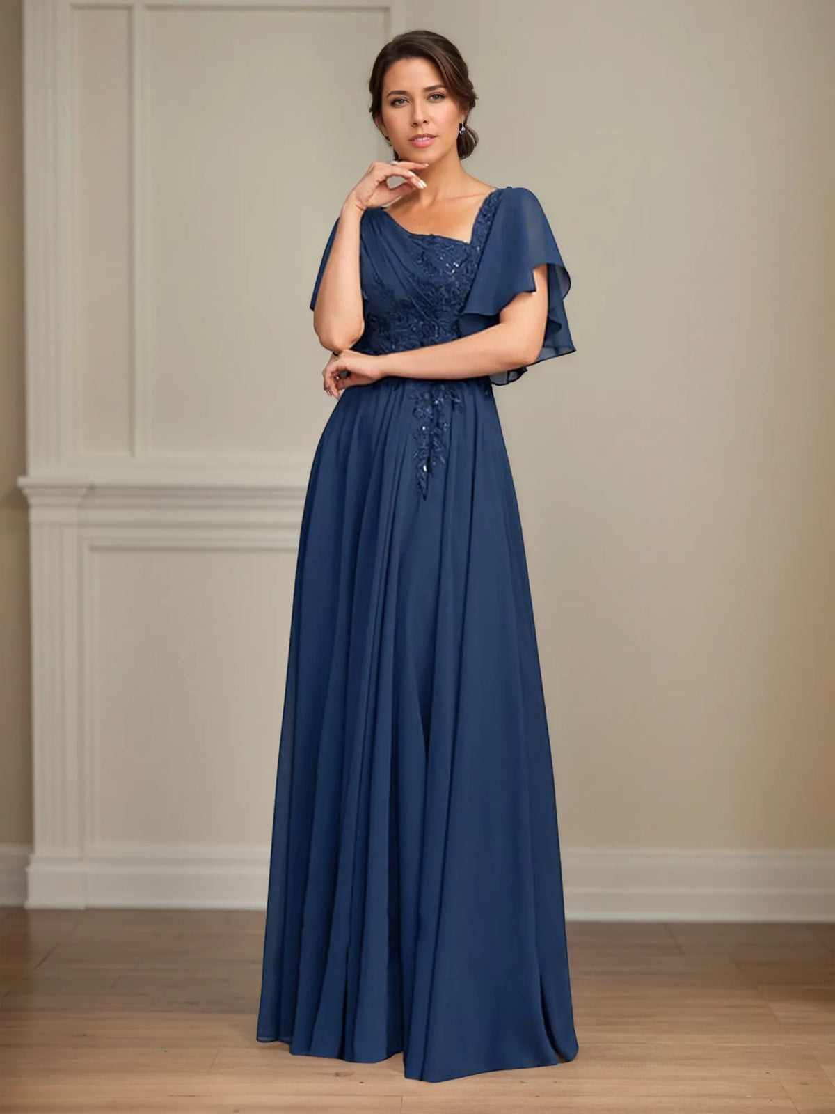 A-Line Asymmetrical Floor-Length Lace Chiffon Mother of the Bride Dress With Pleated Sequins - View 4 | FashionDia