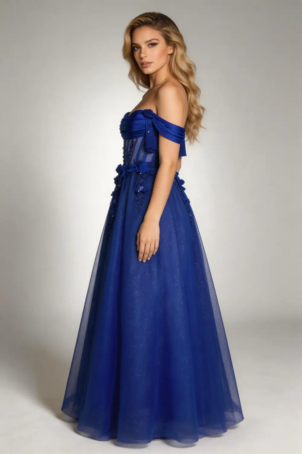 Royal Blue Off Shoulder Corset Ball Gown With 3D Floral Glitter Prom Dress (ZD17138)