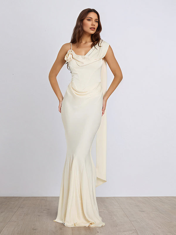 Ivory Satin Asymmetrical Neck Sleeveless Floor Length Dress With 3D Flower
