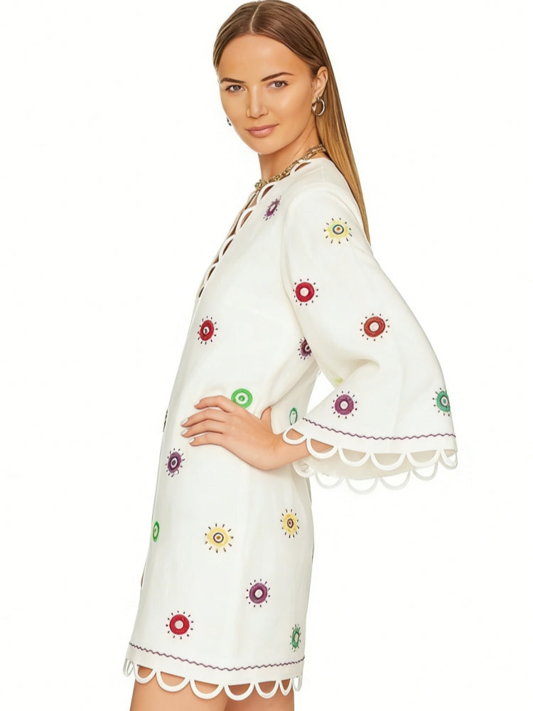 White Embroidered Scalloped Mini Dress