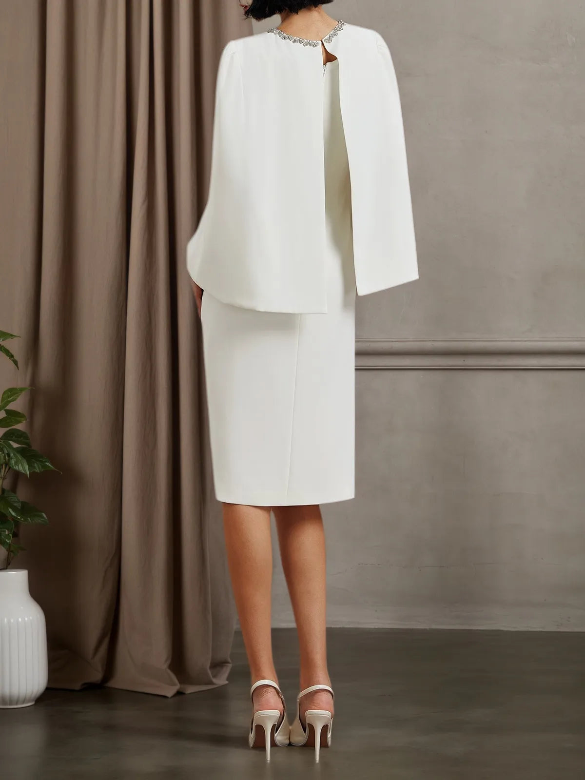 White Rhinestone Crew Neck Ruffled Sheath Two-piece Dresses - View 2 | FashionDia
