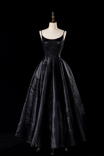 Chic Black Satin Long Prom Dress A-Line Party Evening Gown - FashionDia