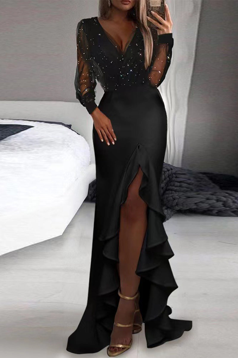 Sexy Patchwork Patchwork V Neck Evening Dress Dresses - VelvetHem