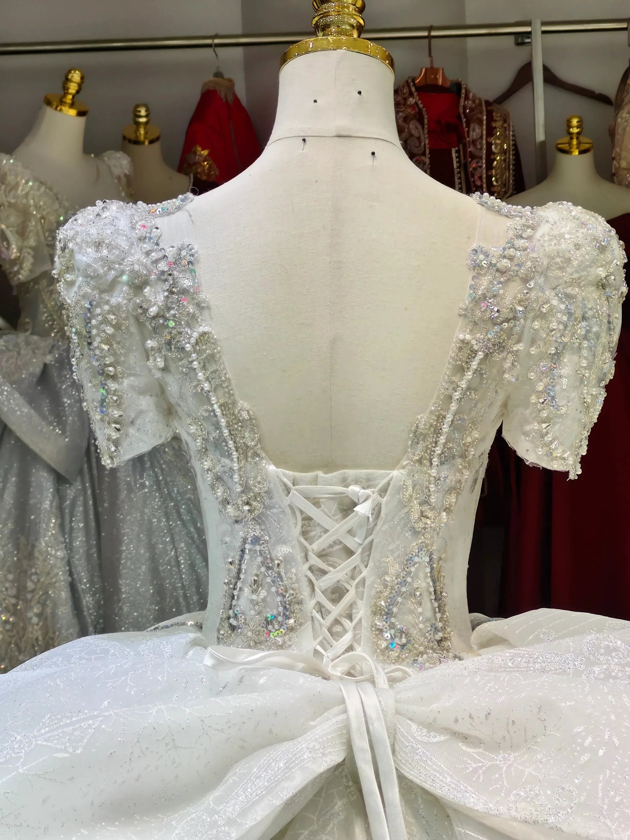 Silver Sparkle Cap-Sleeve Ballgown Beaded Bust & Bow Train (ZD16780)