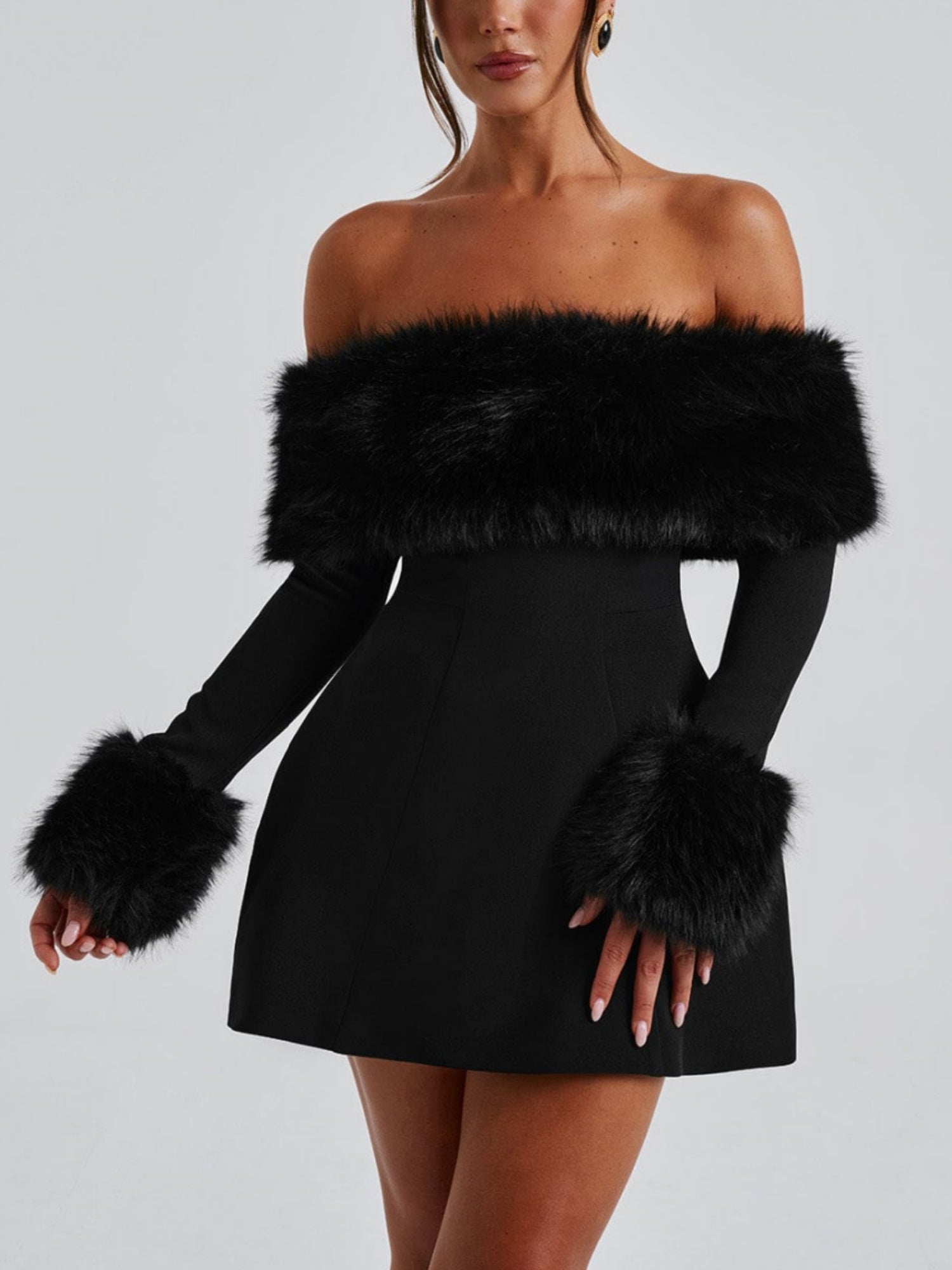 Rory Off Shoulder Fur Sleeve Mini Dress