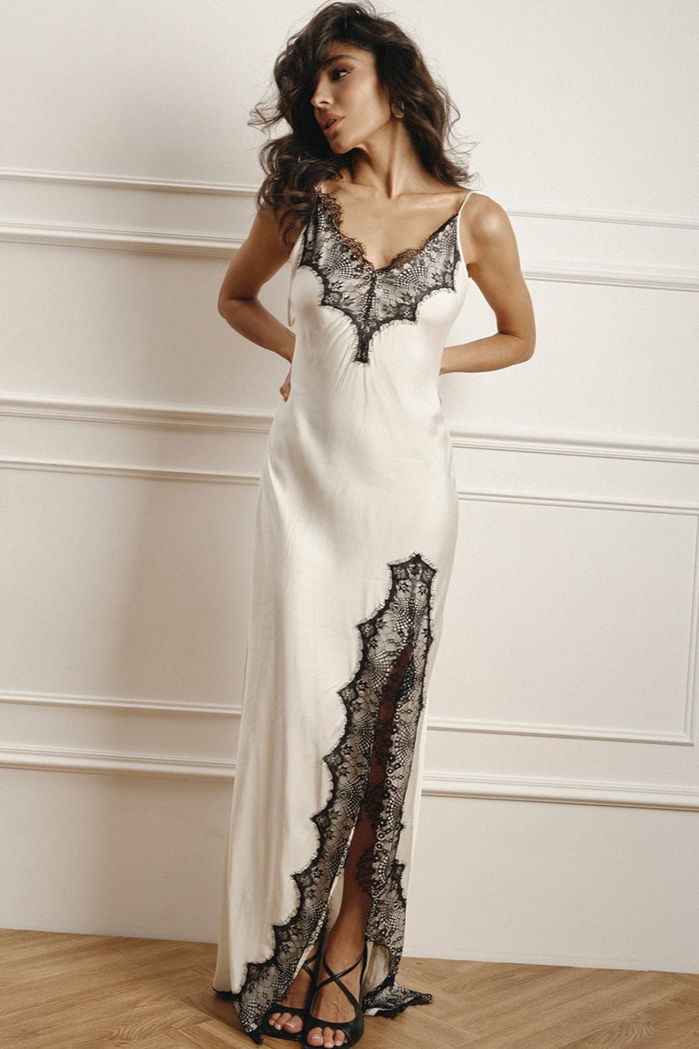 Lace Trim Cami Slit Bodycon Maxi Dress