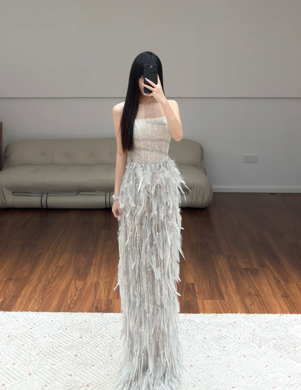 Strapless Feather Sparkle Evening Dress Prom Party Dress Wedding Dress