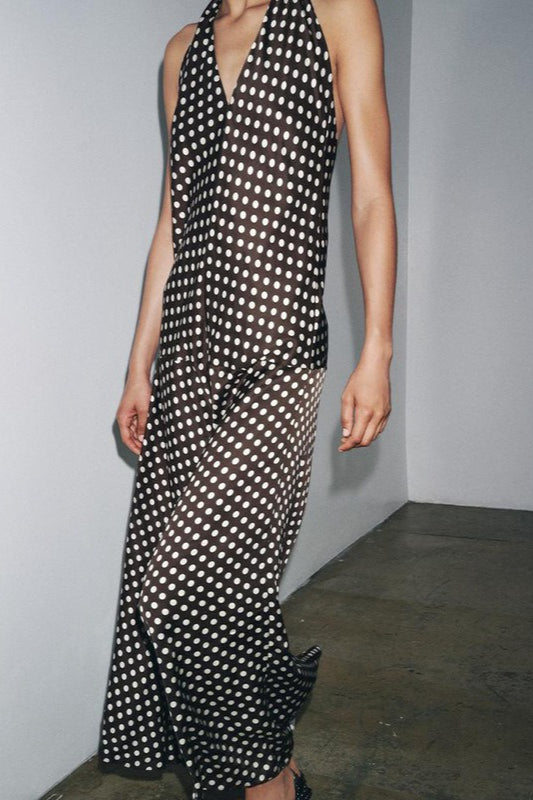 Polka Dot Halter Neck Maxi Dress - View 3 | VelvetHem