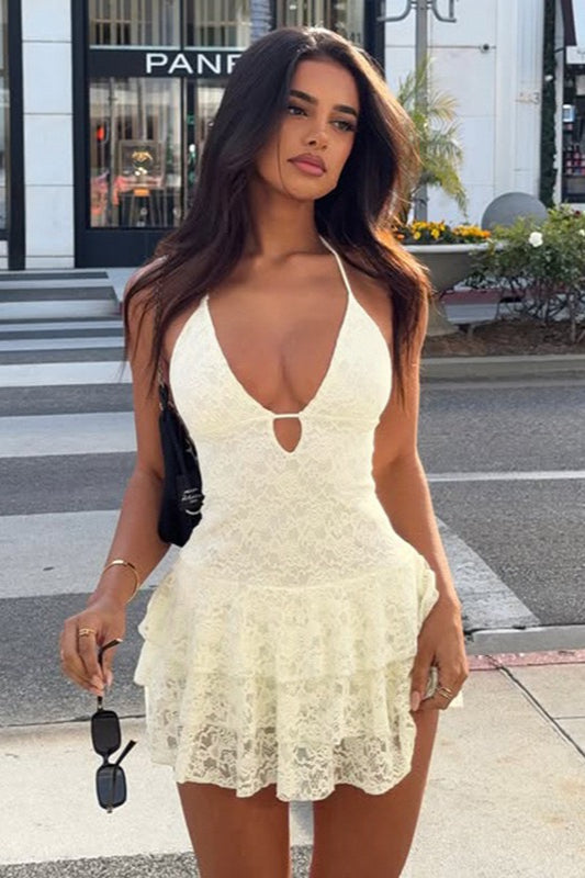 V Neck Halter Bodycon Mini Lace Dress - VelvetHem