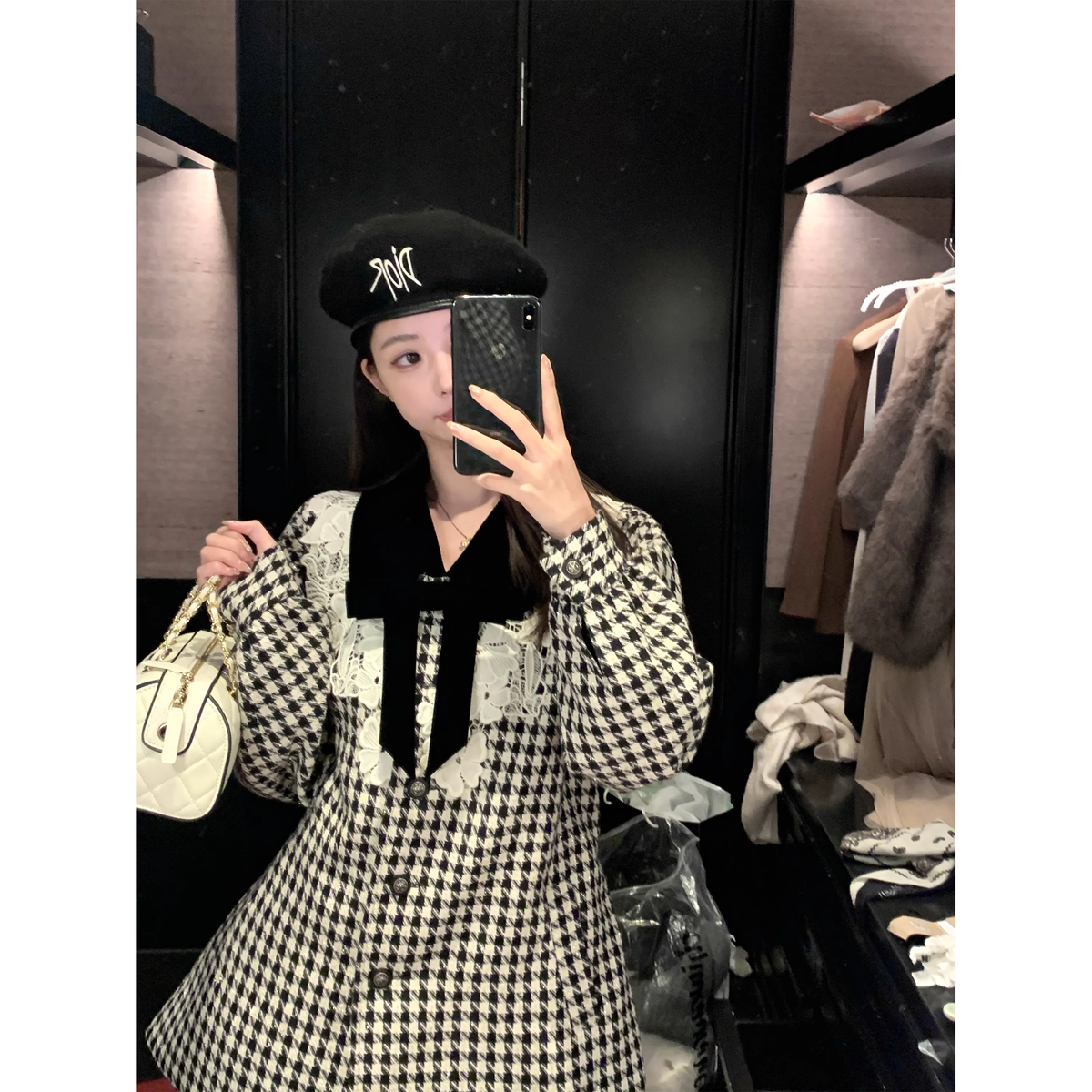 Houndstooth velvet belted coat - FashionDia