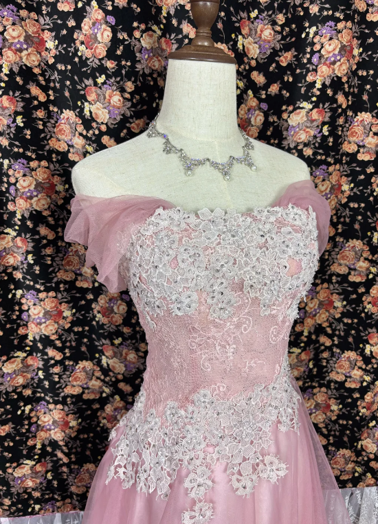 Off The Shoulder Pink Long Prom Dress Applique Tulle Evening Gowns J8629