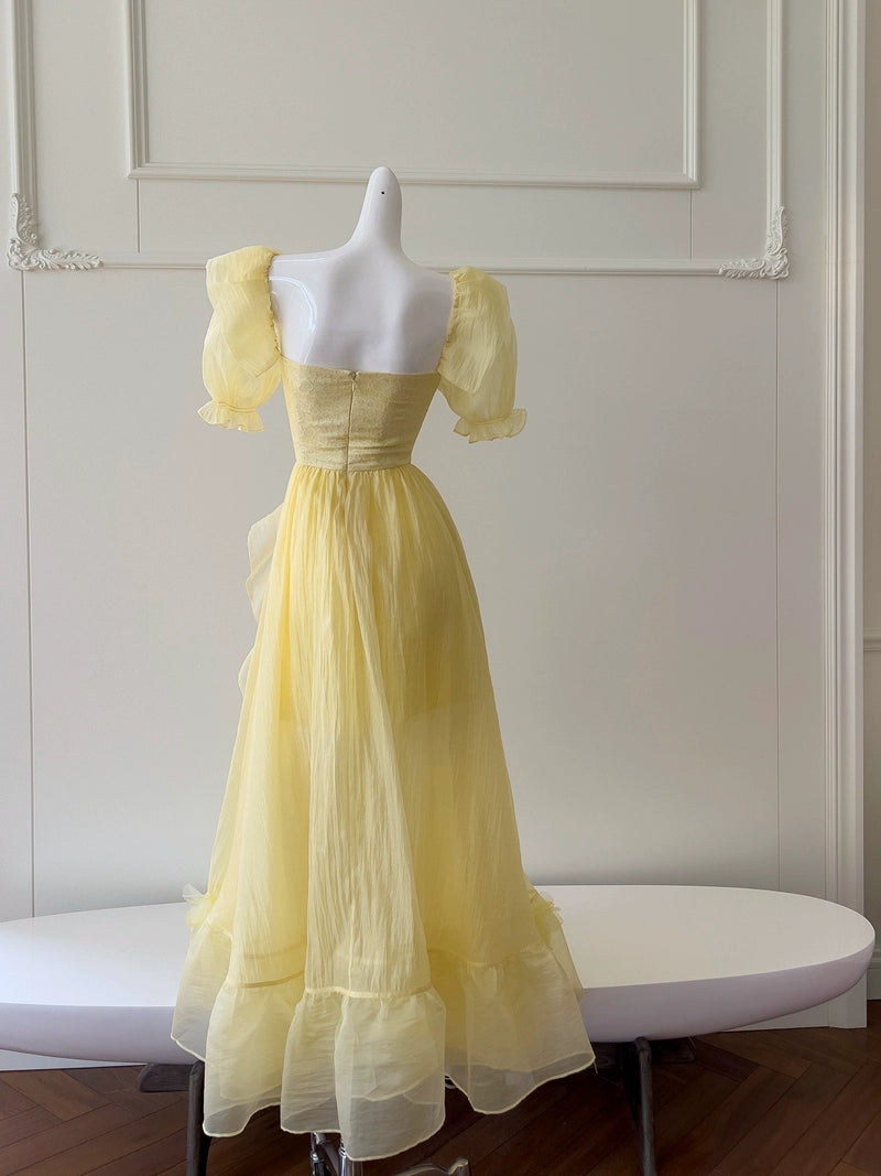 A Line Yellow Long Prom Dress Ruffle Short Sleeves Evening Gown J8607