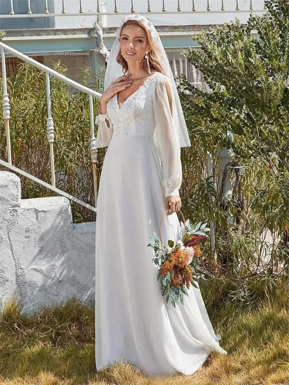Classic Appliques 3D Flower Wedding Dress Simple Deep V-neck Long Sleeve Bridal Gown Beach Vestidos De Novia (ZD13443)