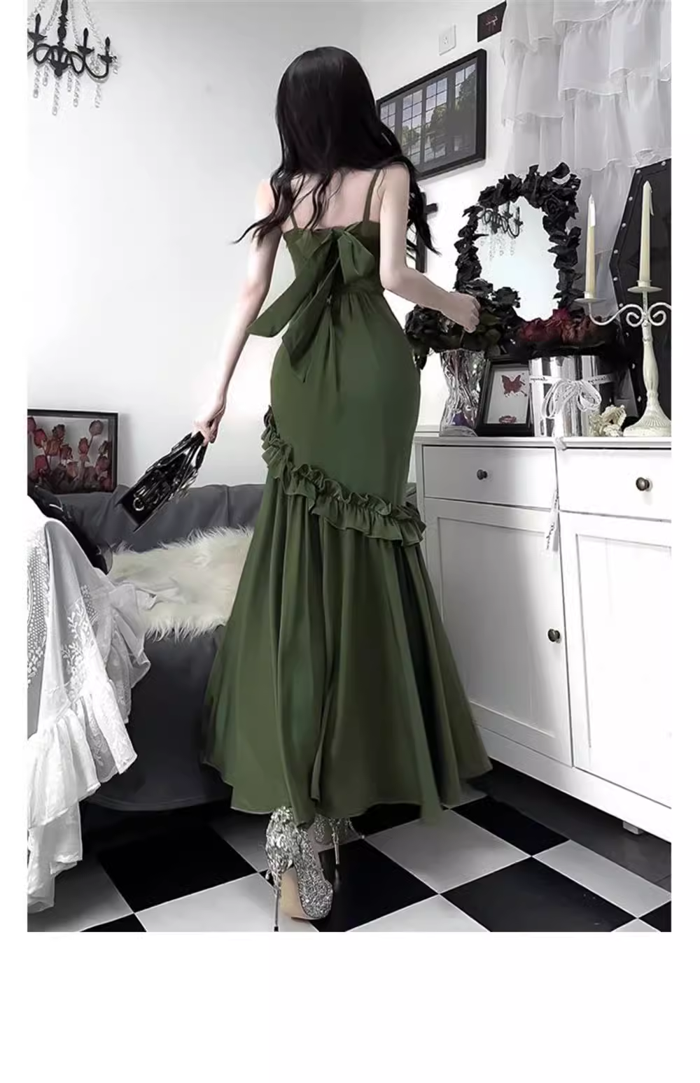 Chic Mermaid Straps Green Long Ruffles Prom Dresses Birthday Dress - View 3 | FashionDia