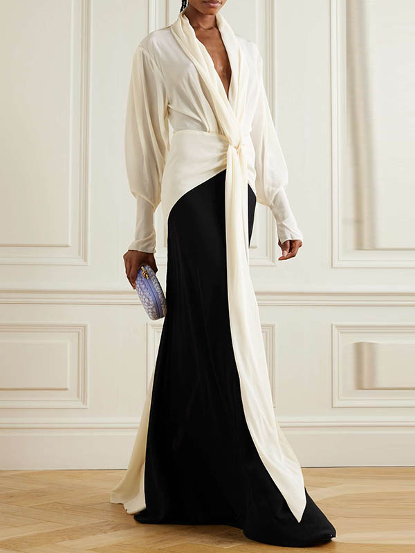 Long Sleeves Loose Contrast Color V-Neck Evening Dresses Maxi Dresses - VelvetHem