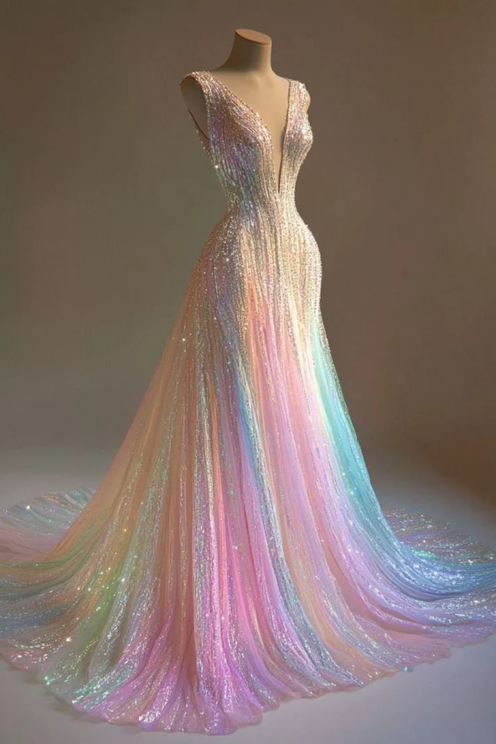 Stunning Colorful V-Neck A-Line Sequined Tulle Long Prom Dresses - VelvetHem