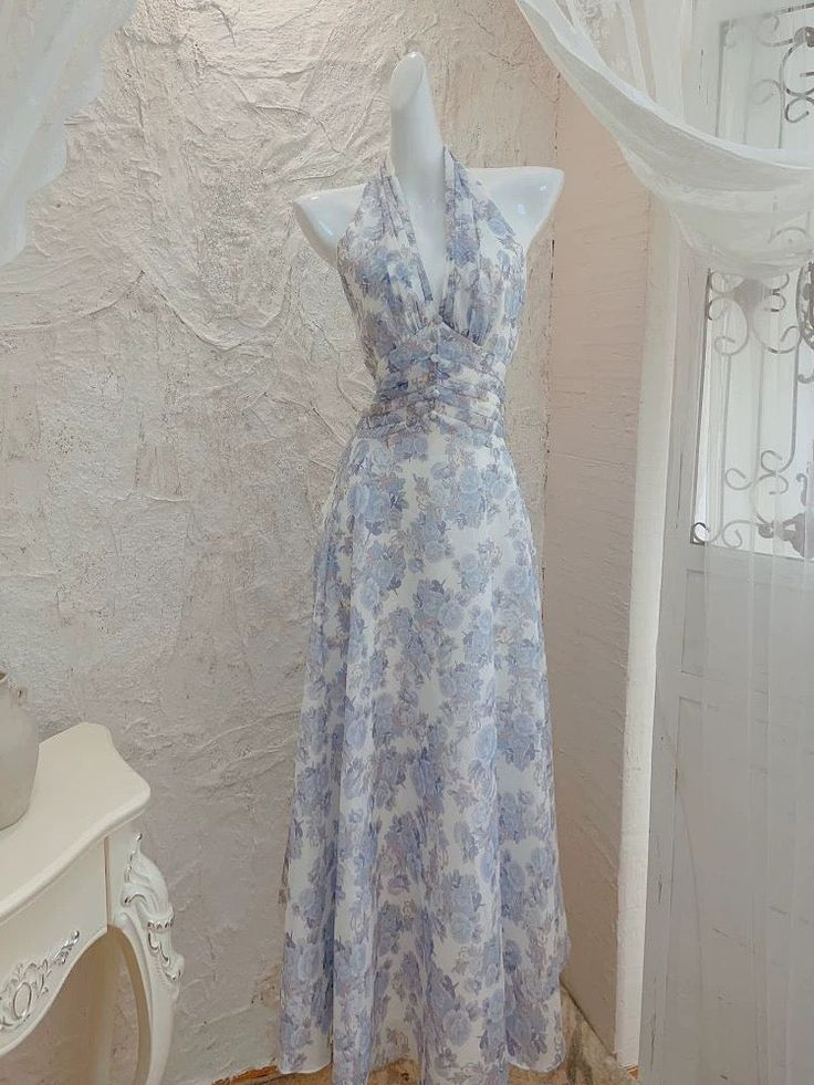 Sexy Chiffon Print Floral Long Prom Dress Halter V-Neck Party Evening Gown - FashionDia