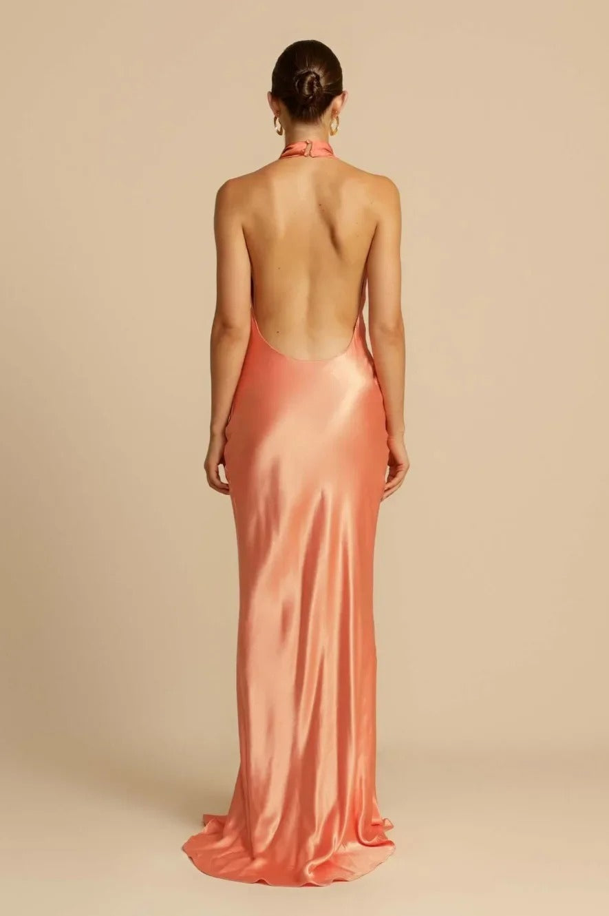 Satin Halter Neck Maxi Dress - View 5 | FashionDia