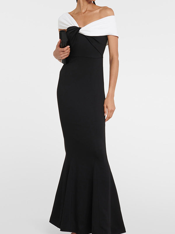 Short Sleeves Skinny Contrast Color Split-Joint One-Shoulder Evening Dresses Maxi Dresses - VelvetHem