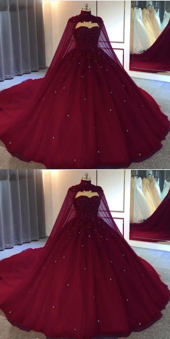 Burgundy Ball Gown Wedding Dress tulle Prom Dresses - VelvetHem