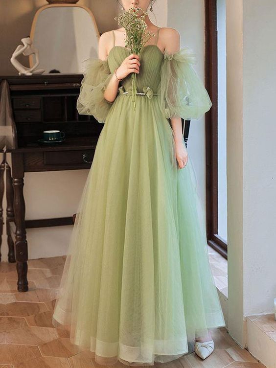 green tulle a line long prom dress, green tulle formal dress