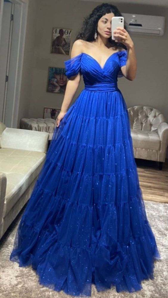 A-line Royal Blue Tulle Long Formal Evening Dress