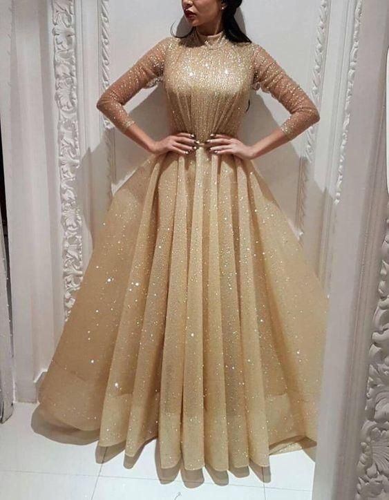 shinning prom dresses high neck long sleeve a line sequins sparkly long evening dresses