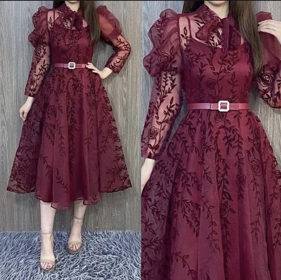 Burgundy A line tulle lace prom dress tulle party dress