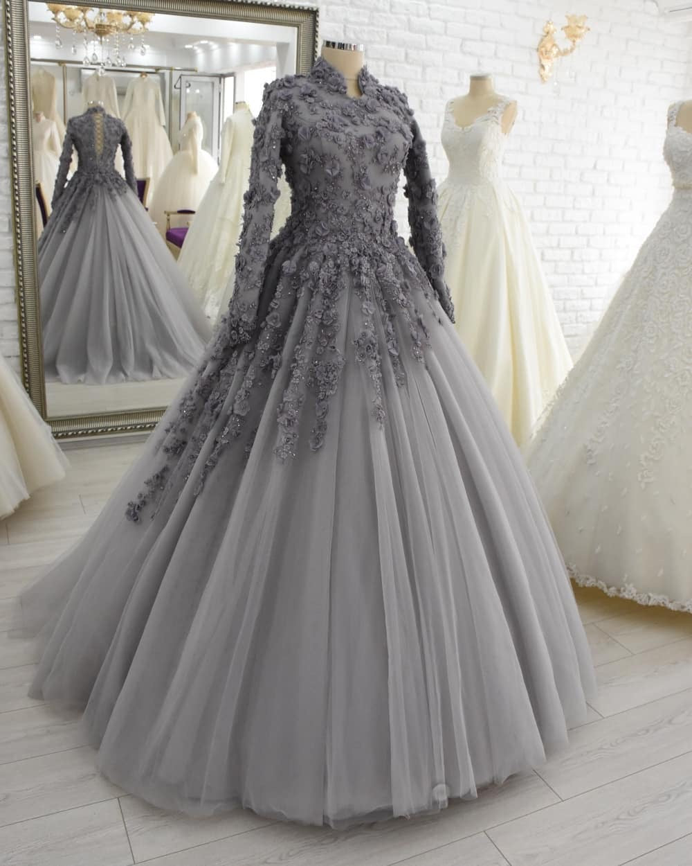 Long Sleeves Grey Formal Occasion Dresses Evening Gowns - FashionDia