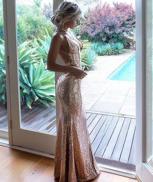 Champagne Sequins V Neck Backless Prom Dress