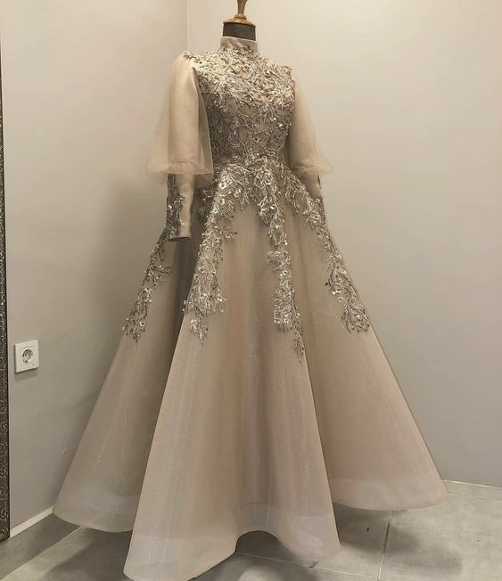 Champagne prom dresses high neck long sleeve a line evening dresses
