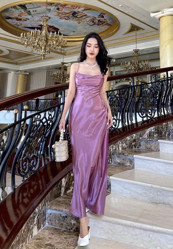 Simple purple evening dresses satin pleated long prom dress