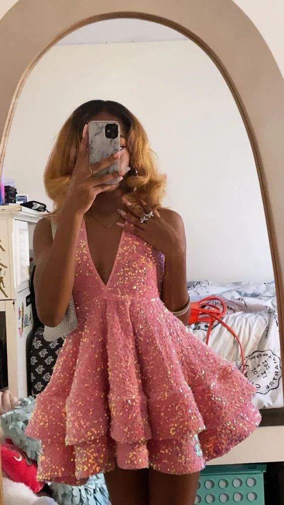 16th Birthday Outfit black Girl Hoco Dress Pink Sequin Homecoming Dresses - FashionDia