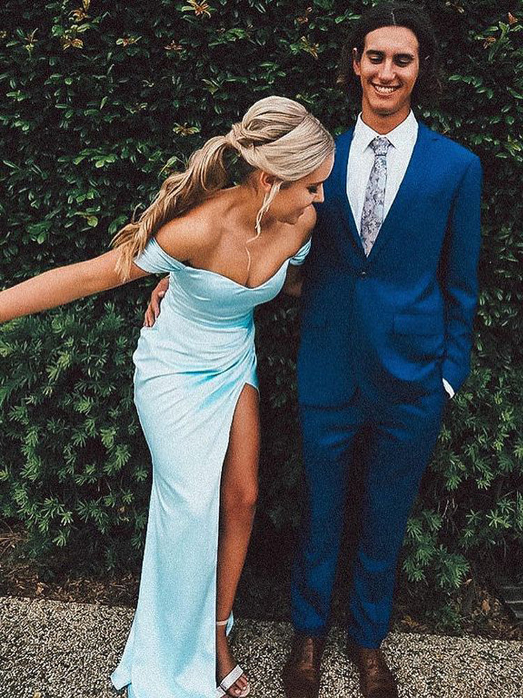 Chic Sheath Sweetheart Light Blue Split Prom Dresses - View 2 | FashionDia