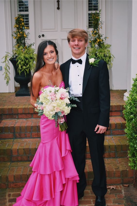 Hot Pink Satin Mermaid Prom Dresses Long Evening Gowns With Tiered