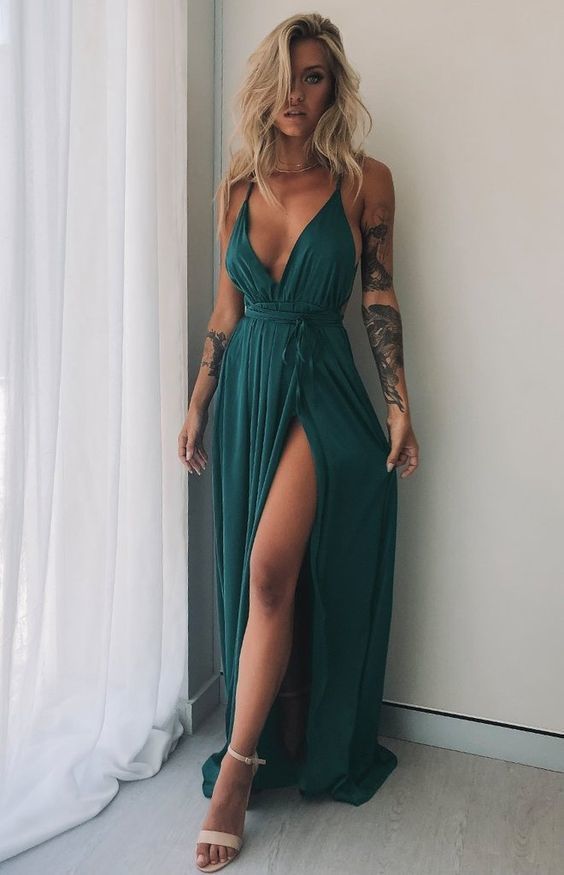 Sexy Green V-neck Sheath Long Full Length Evening Party Gown,Prom Dress