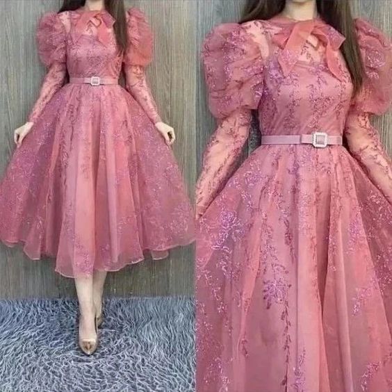 Pink A line tulle lace prom dress tulle party dress