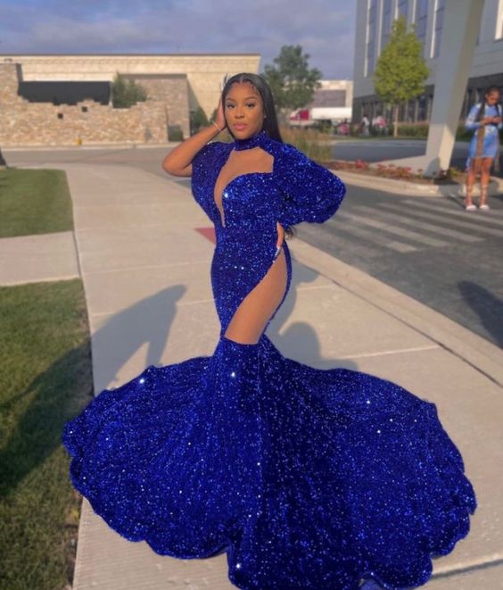 Blue Sequins Prom Gown,Floor-Length,Prom dress,wedding reception gown - FashionDia